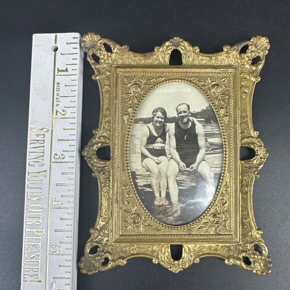 Vintage Antique Small Ornate Brass Framed Portrait Embossed Flower Design - Picture 10 of 12